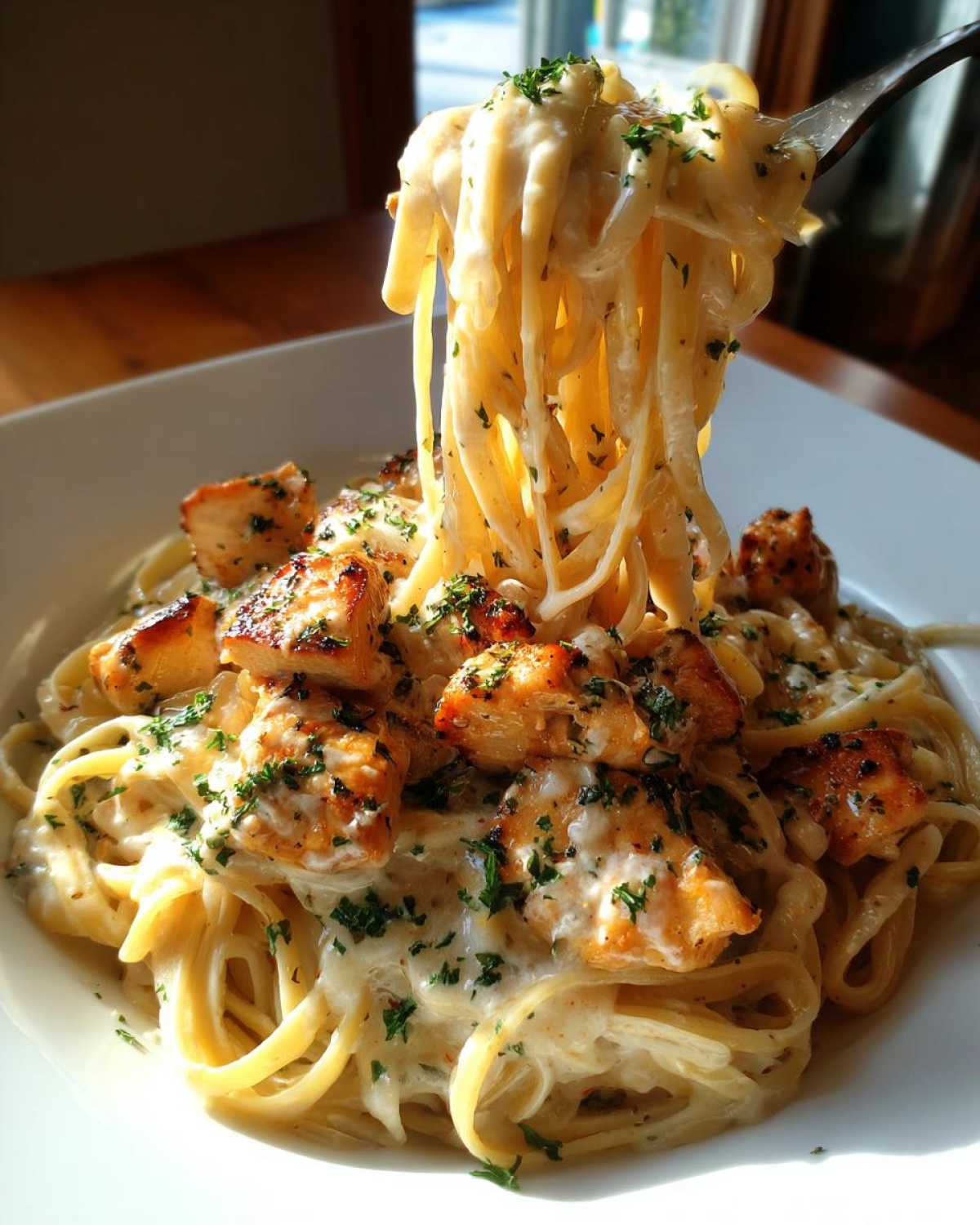 A fork lifts a twirl of pasta coated in cream sauce from a bowl of Honey Garlic Chicken Pasta with chunks of seasoned chicken.