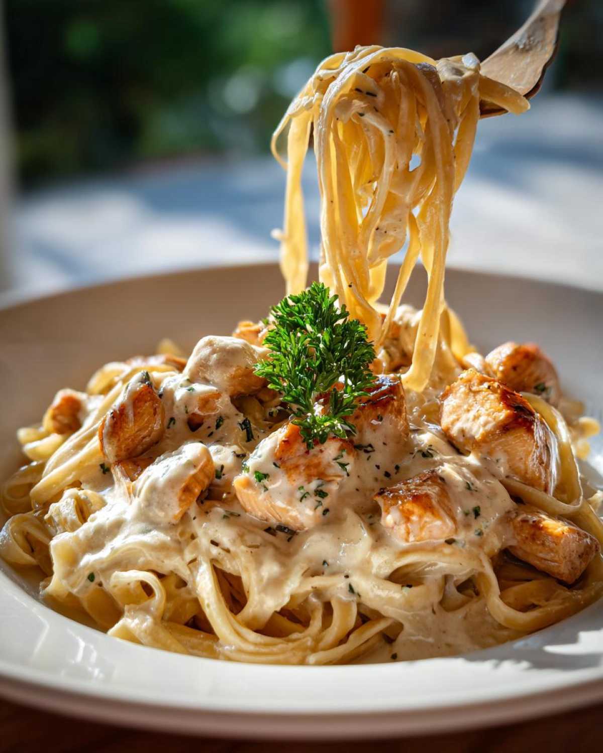 A fork lifting fettuccine noodles coated in cream sauce from a bowl of Honey Garlic Chicken Pasta with chunks of chicken.