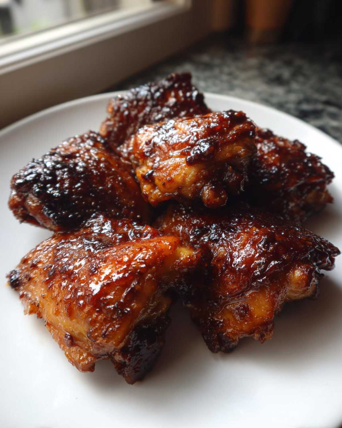 Close-up of several Honey Garlic Chicken Thighs with crispy, dark, glossy skin piled on a white plate.