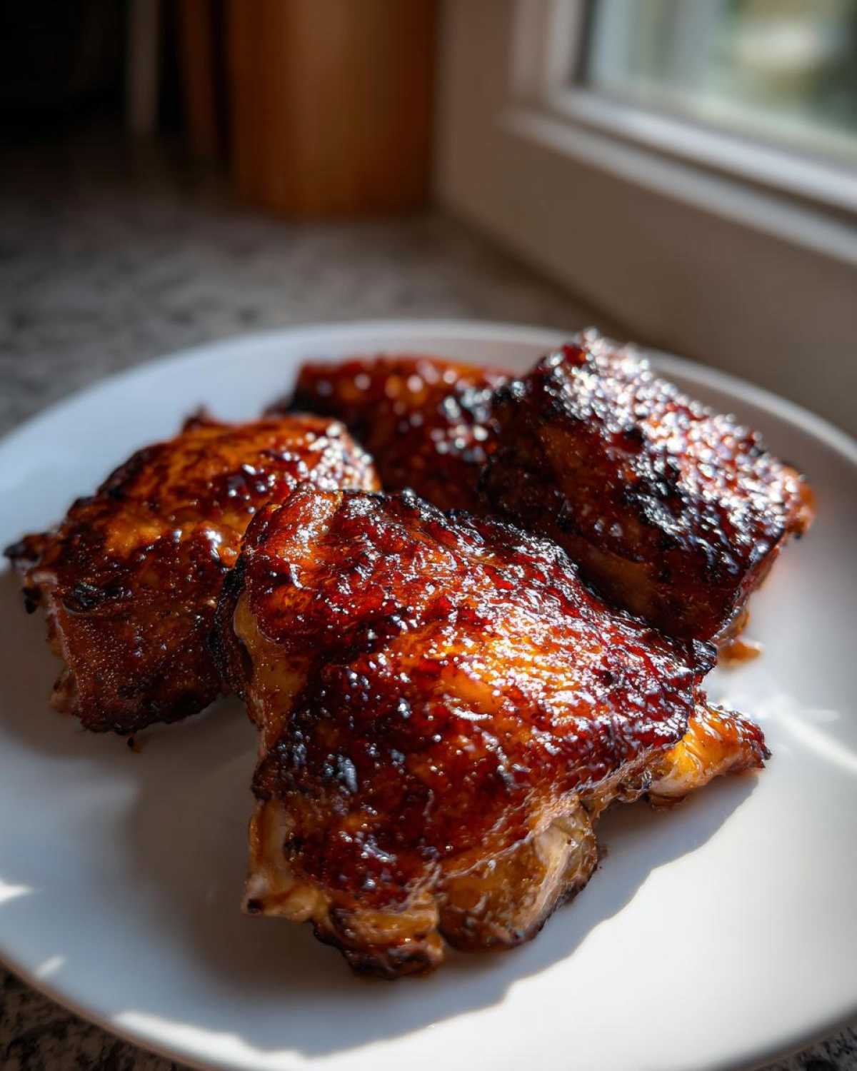 Four pieces of Honey Garlic Chicken Thighs with Crispy Skin, glistening with a dark glaze on a white plate.