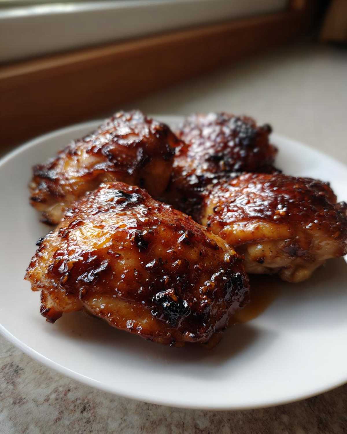 Four perfectly cooked Honey Garlic Chicken Thighs with crispy, glazed skin resting on a white plate.