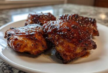 Four pieces of glossy, caramelized Honey Garlic Chicken Thighs with crispy skin served on a white plate.