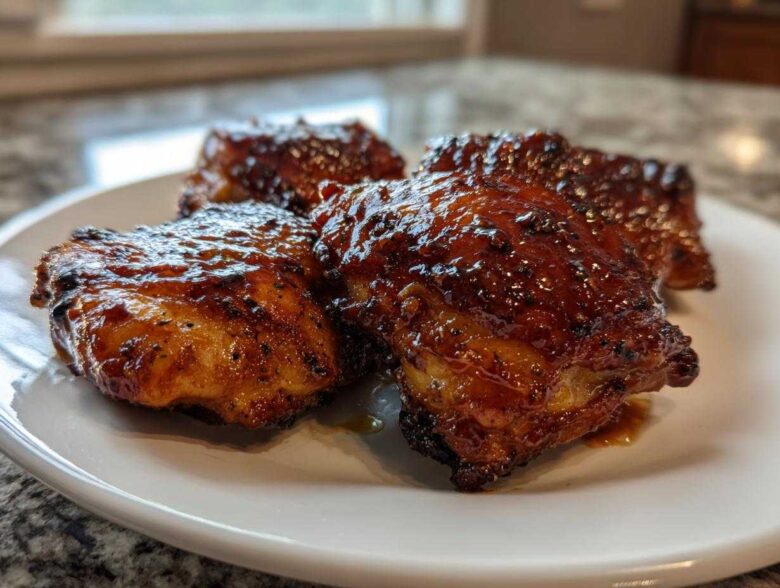 Four pieces of glossy, caramelized Honey Garlic Chicken Thighs with crispy skin served on a white plate.