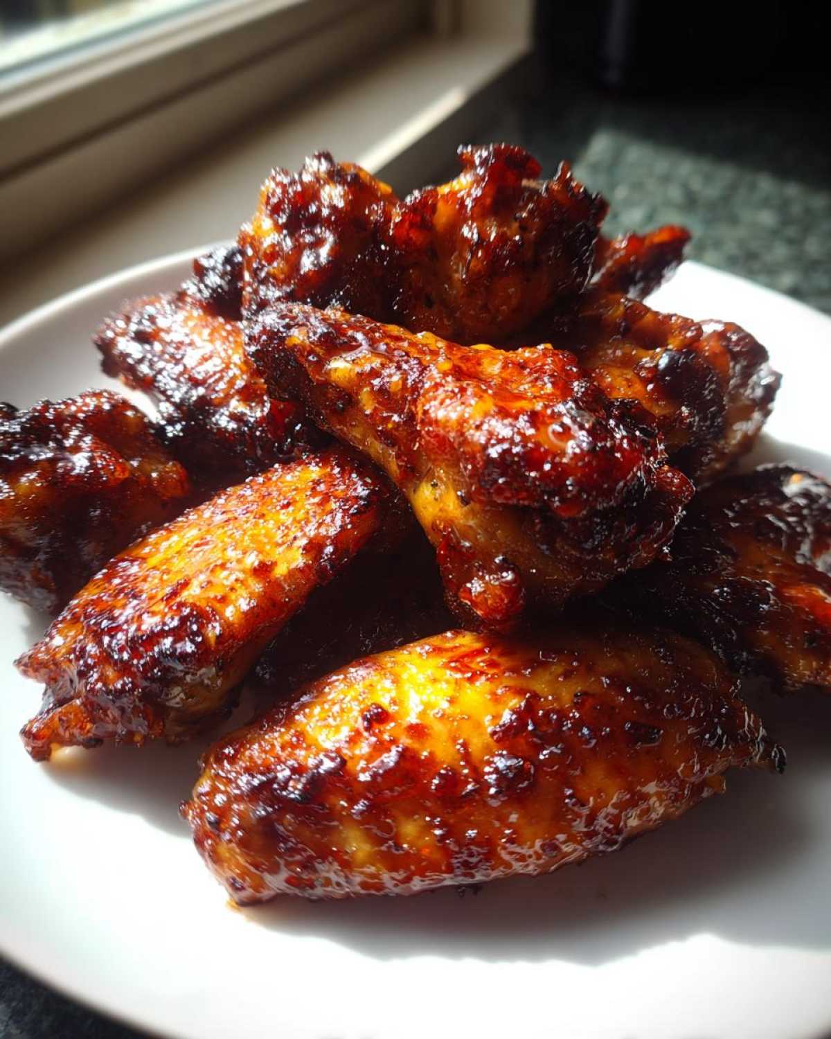 Close-up of glistening, sticky Honey Garlic Chicken Wings Sticky Oven Baked piled on a white plate.