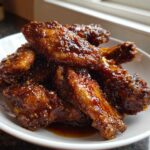 A close-up of several sticky Honey Garlic Chicken Wings Oven Baked piled high in a white bowl.