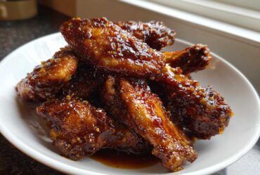 A close-up of several sticky Honey Garlic Chicken Wings Oven Baked piled high in a white bowl.