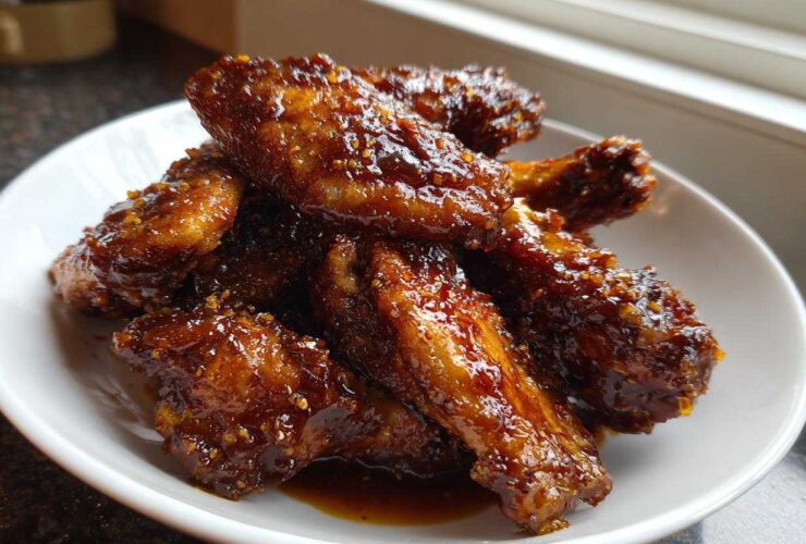 A close-up of several sticky Honey Garlic Chicken Wings Oven Baked piled high in a white bowl.