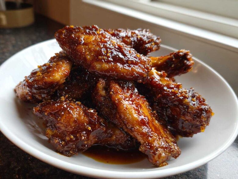 A close-up of several sticky Honey Garlic Chicken Wings Oven Baked piled high in a white bowl.