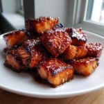 A pile of glistening Honey Garlic Salmon Bites coated in a dark, sticky glaze and sprinkled with sesame seeds.