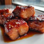 Close-up of perfectly cooked Honey Garlic Salmon Bites with caramelized edges and sesame seeds on a white plate.