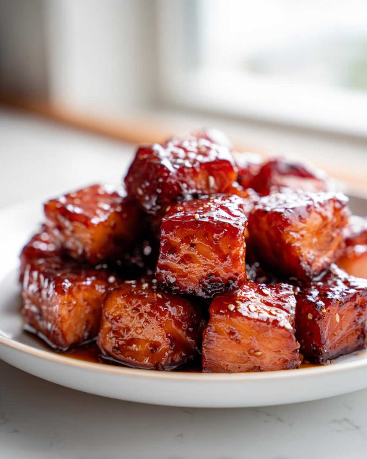 Close-up of stacked Honey Garlic Salmon Bites with a shiny, caramelized glaze and sesame seeds.