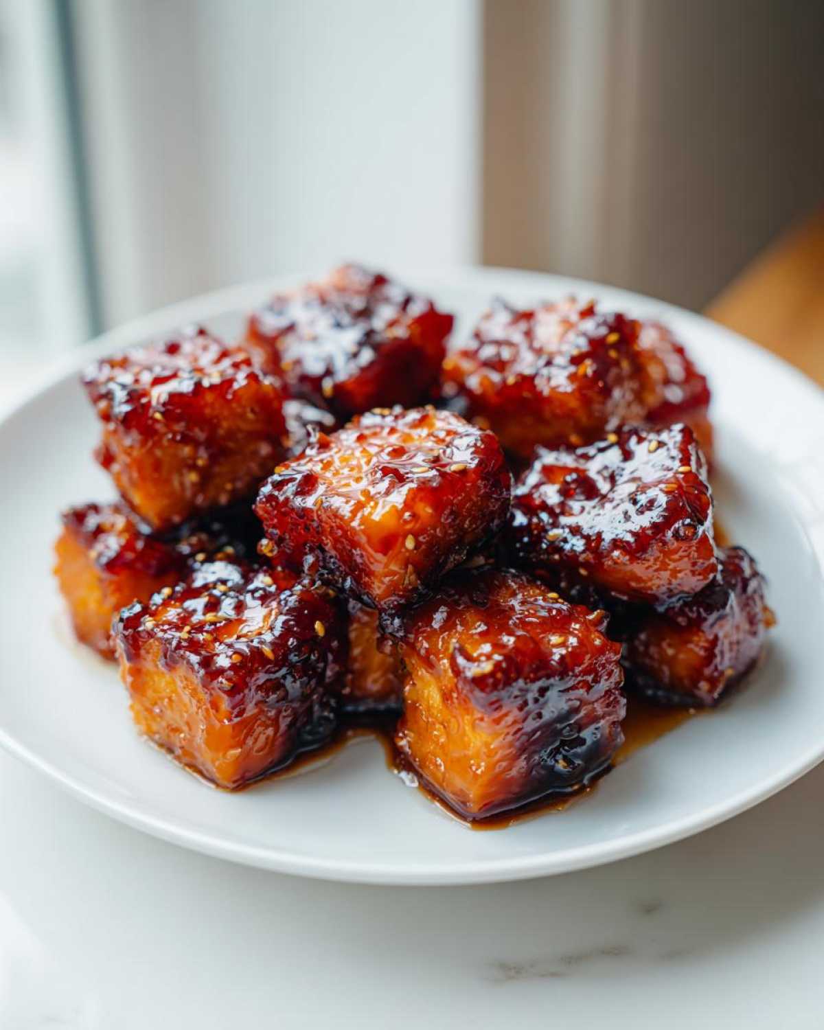 A pile of glistening Honey Garlic Salmon Bites coated in a thick, dark glaze and sprinkled with sesame seeds on a white plate.