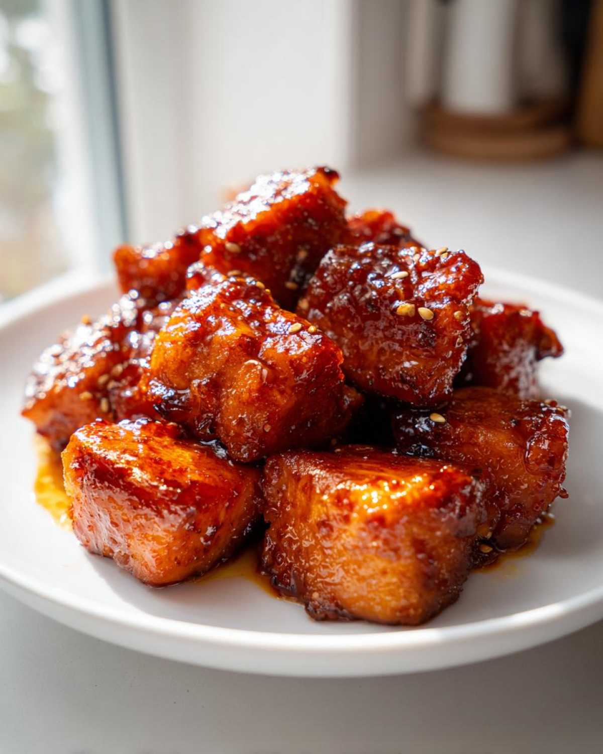 Close-up of glistening Honey Garlic Salmon Bites piled on a white plate, showing caramelized edges and sesame seeds.