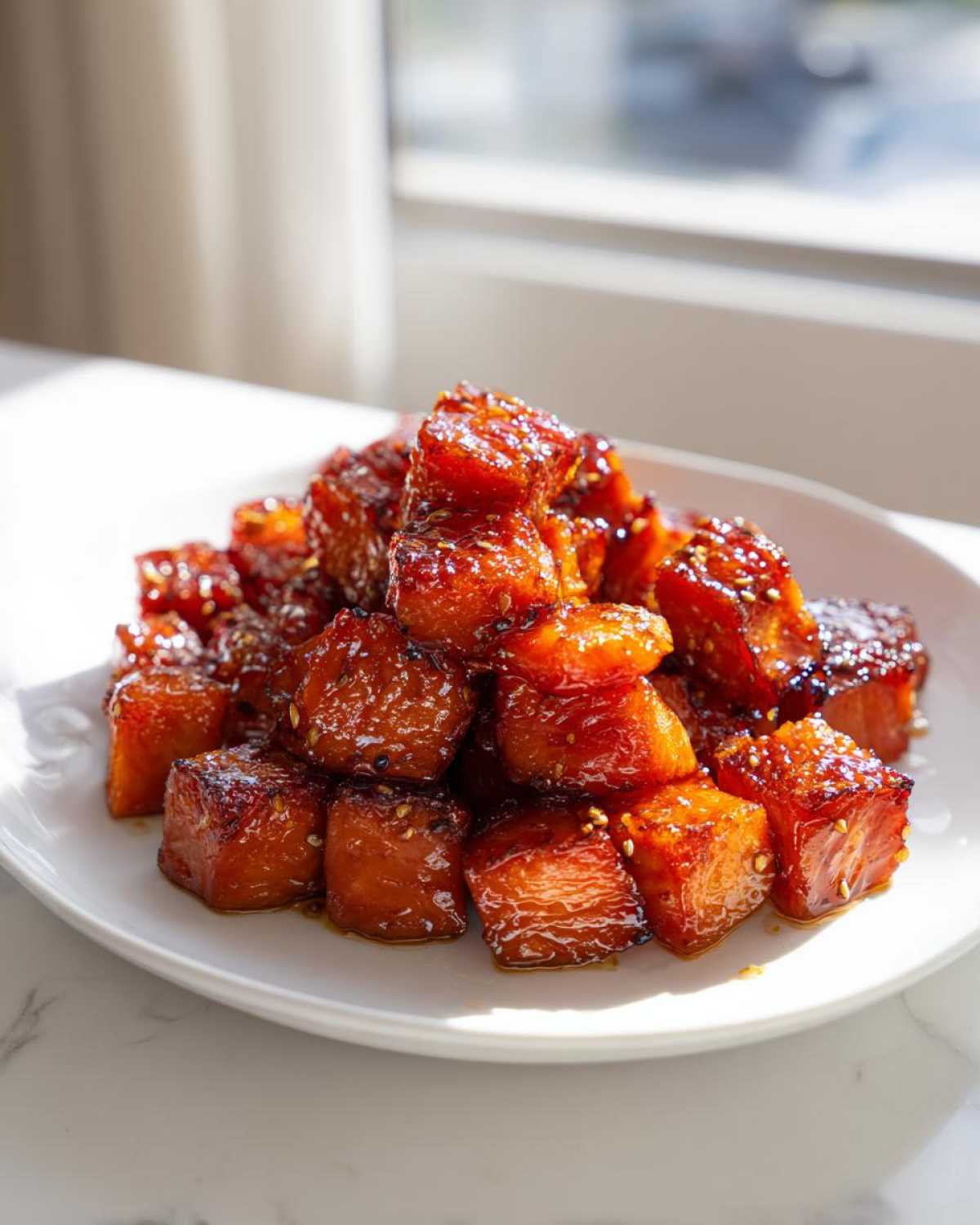 A pile of glistening Honey Garlic Salmon Bites with caramelized edges and sesame seeds on a white plate.