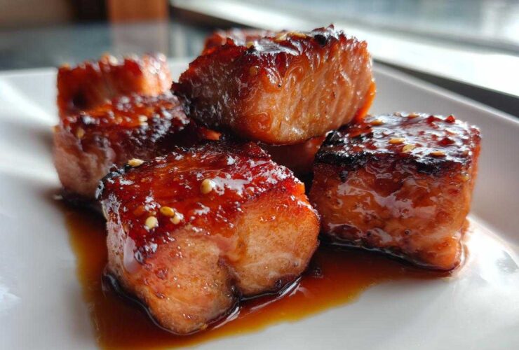 Close-up of perfectly cooked Honey Garlic Salmon Bites with caramelized edges and sesame seeds on a white plate.