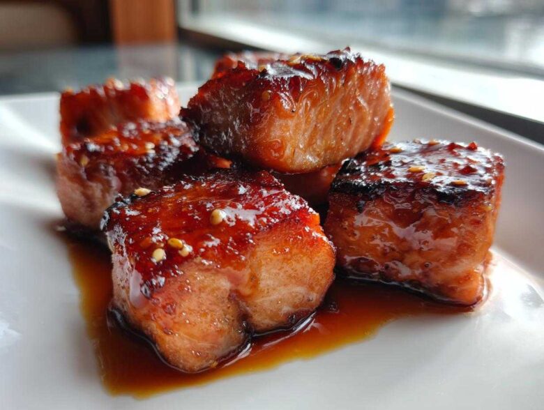 Close-up of perfectly cooked Honey Garlic Salmon Bites with caramelized edges and sesame seeds on a white plate.