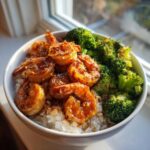 A close-up of a Honey Garlic Shrimp Bowl Quick Dinner featuring glazed shrimp, steamed broccoli, and white rice in a white bowl.
