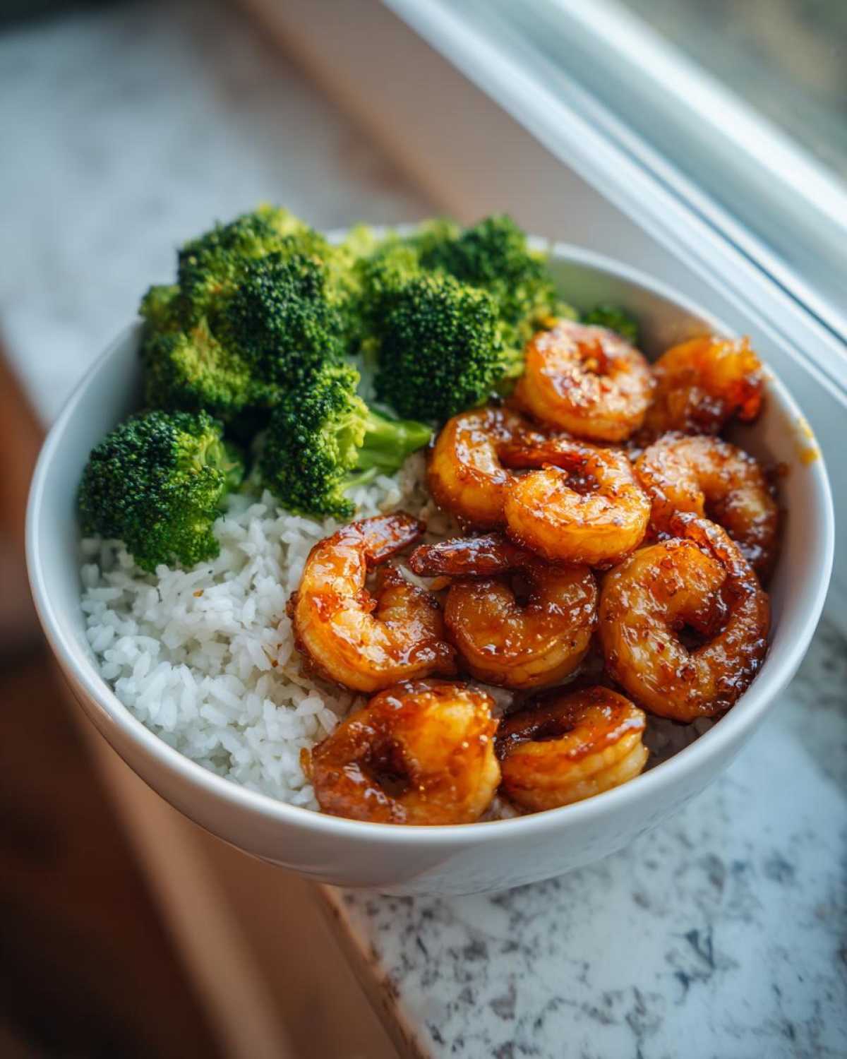 Close-up of a Honey Garlic Shrimp Bowl Quick Dinner featuring glazed shrimp, white rice, and steamed broccoli florets in a white bowl.