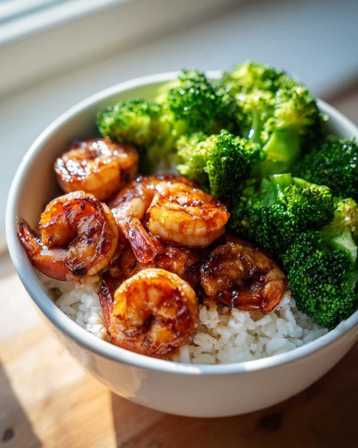Close-up of a Honey Garlic Shrimp Bowl Quick Dinner featuring glazed shrimp, white rice, and bright green steamed broccoli.