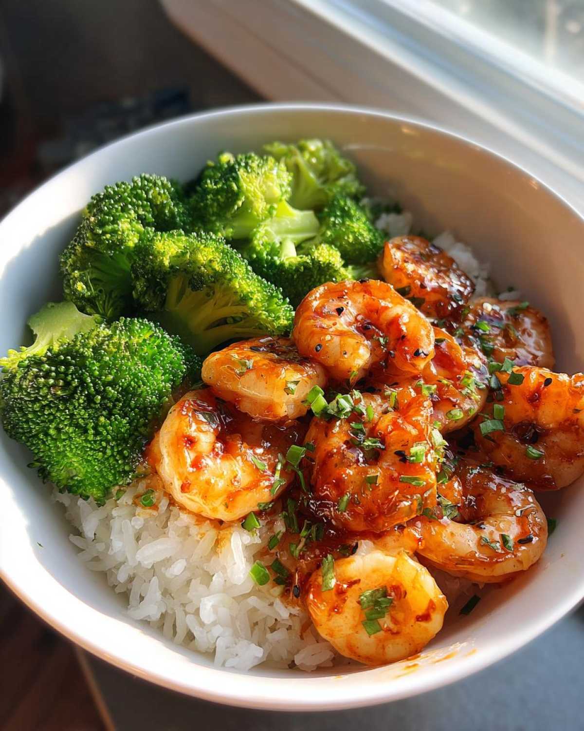 A close-up of a Honey Garlic Shrimp Bowl Quick Dinner featuring glazed shrimp over white rice next to bright green steamed broccoli.
