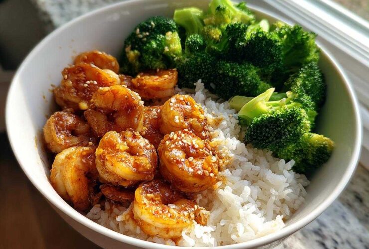 A close-up of a Honey Garlic Shrimp Bowl Quick Dinner featuring glazed shrimp, white rice, and steamed broccoli florets, sprinkled with sesame seeds.