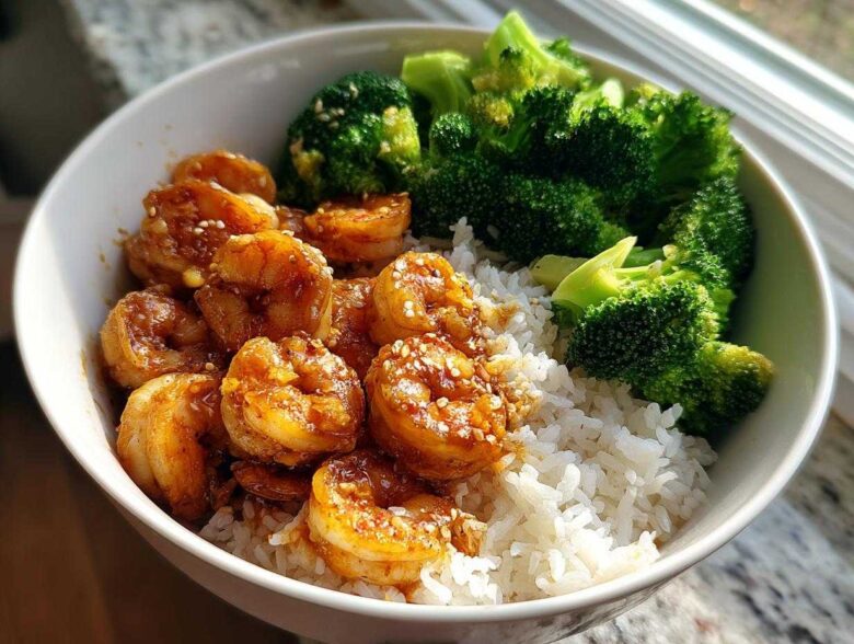 A close-up of a Honey Garlic Shrimp Bowl Quick Dinner featuring glazed shrimp, white rice, and steamed broccoli florets, sprinkled with sesame seeds.