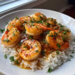 Close-up of Honey Garlic Shrimp Skillet with Rice, featuring plump shrimp coated in a glossy sauce and garnished with parsley.