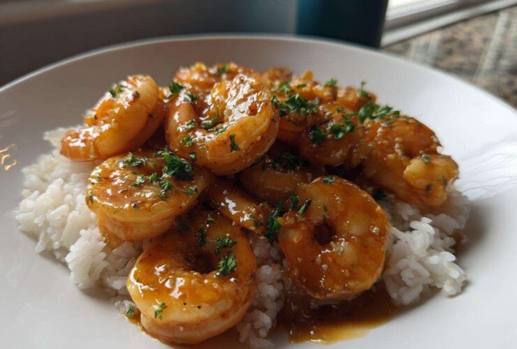 Plump shrimp coated in glossy honey garlic sauce served over white rice, garnished with parsley.