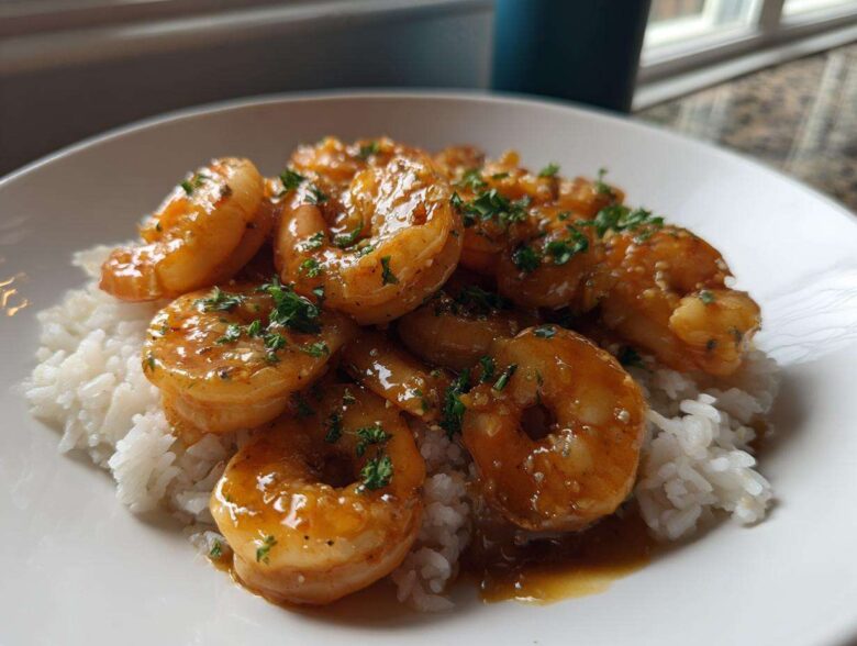 Plump shrimp coated in glossy honey garlic sauce served over white rice, garnished with parsley.