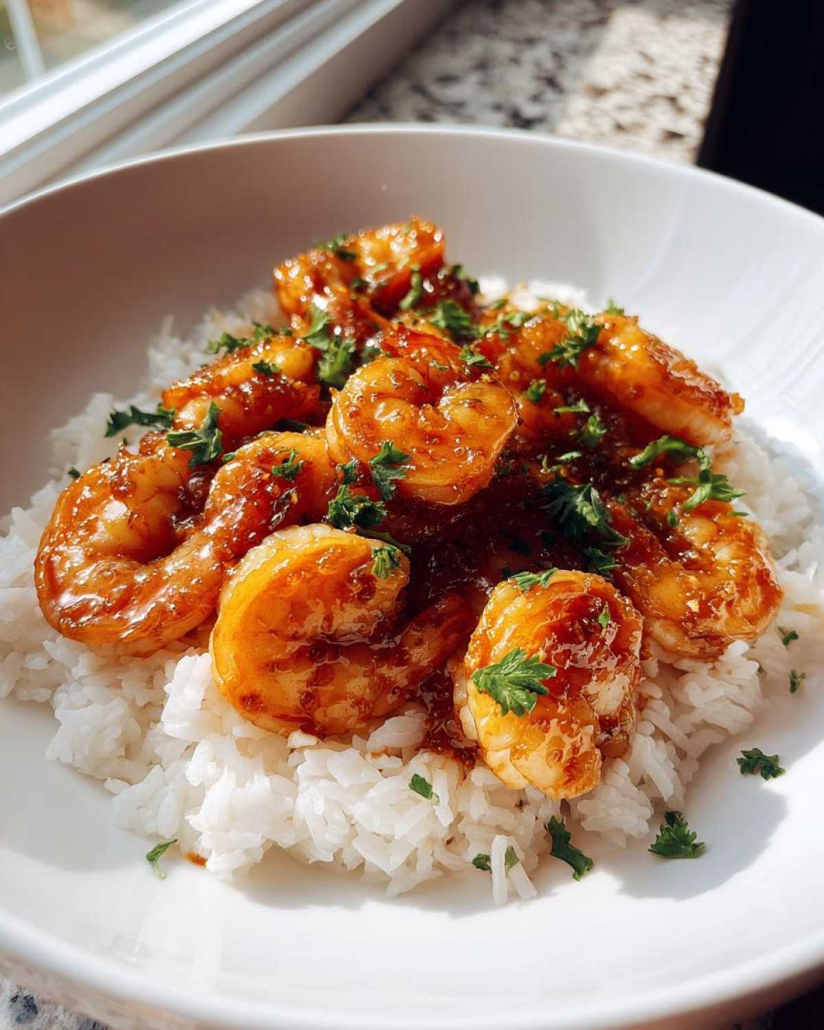 Close-up of Honey Garlic Shrimp Skillet served over fluffy white rice and garnished with fresh parsley.