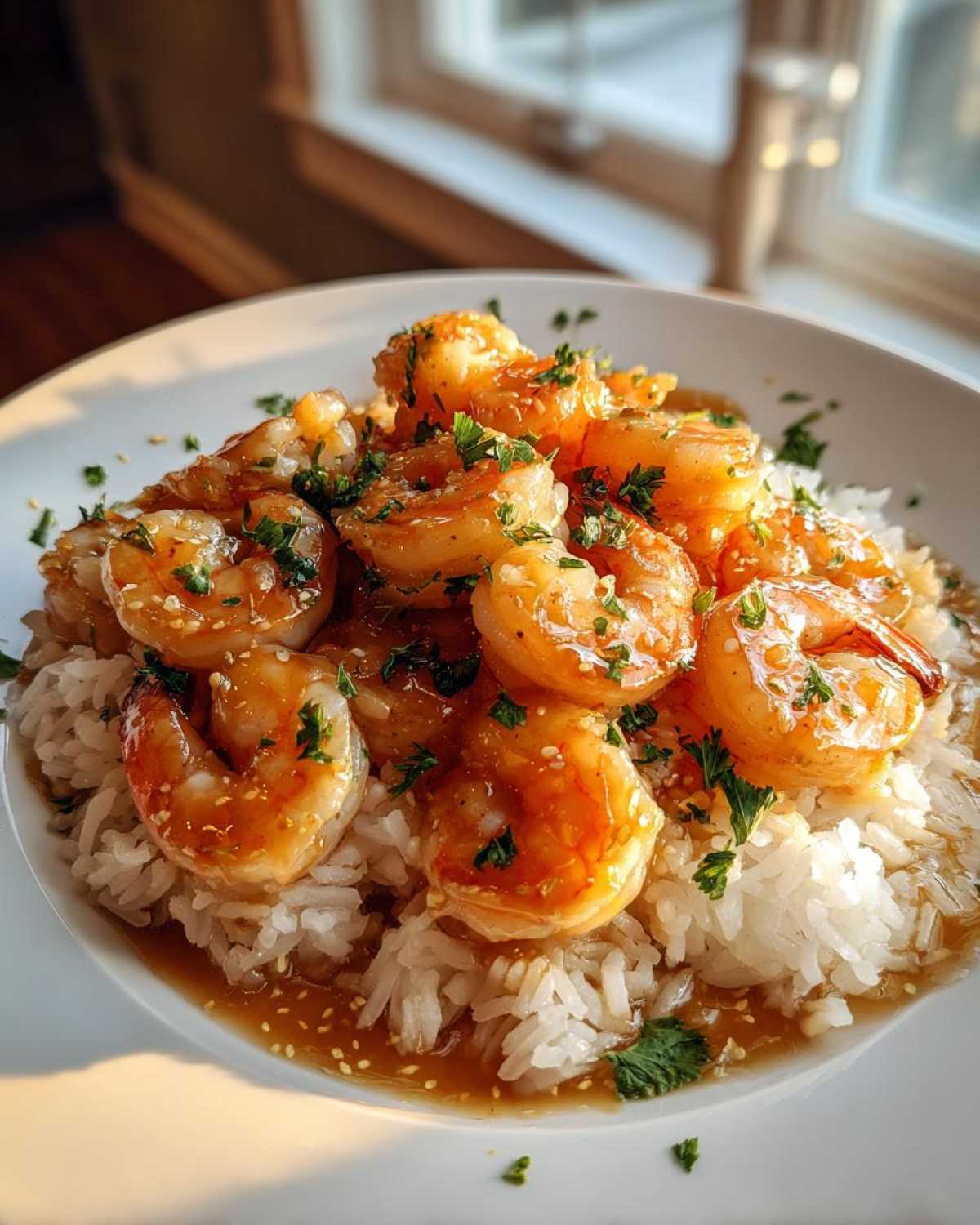 A close-up of Honey Garlic Shrimp Skillet with Rice, featuring glazed shrimp over white rice, garnished with parsley and sesame seeds.