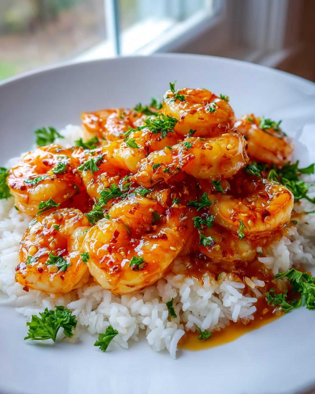 Close-up of Honey Garlic Shrimp Skillet with shrimp coated in glossy sauce served over white rice and garnished with parsley.