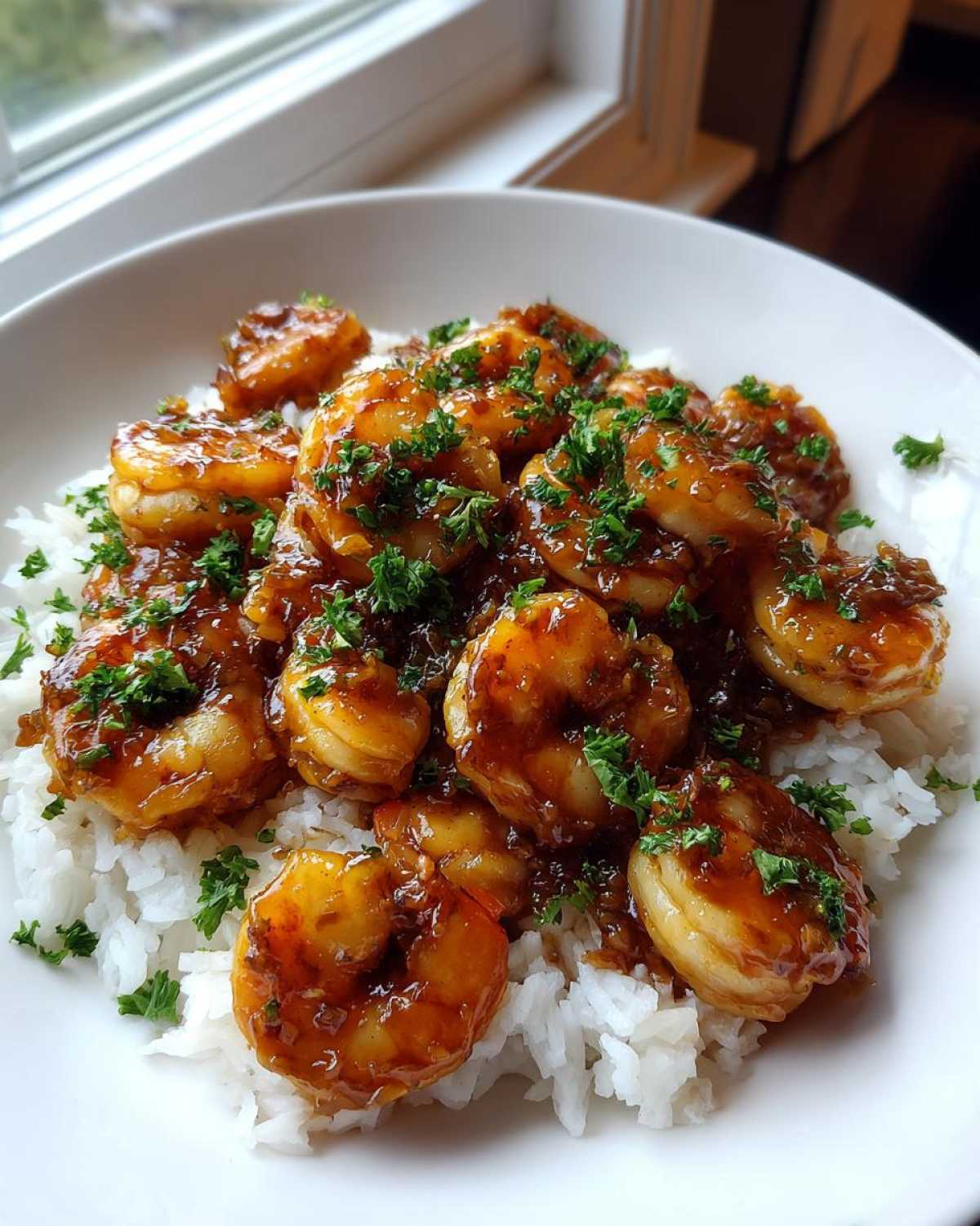 Close-up of glossy, glazed shrimp served over white rice, garnished with fresh parsley, from the Honey Garlic Shrimp Skillet recipe.