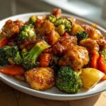 Close-up of glazed Honey Mustard Chicken Bake with bright green broccoli and sliced carrots.
