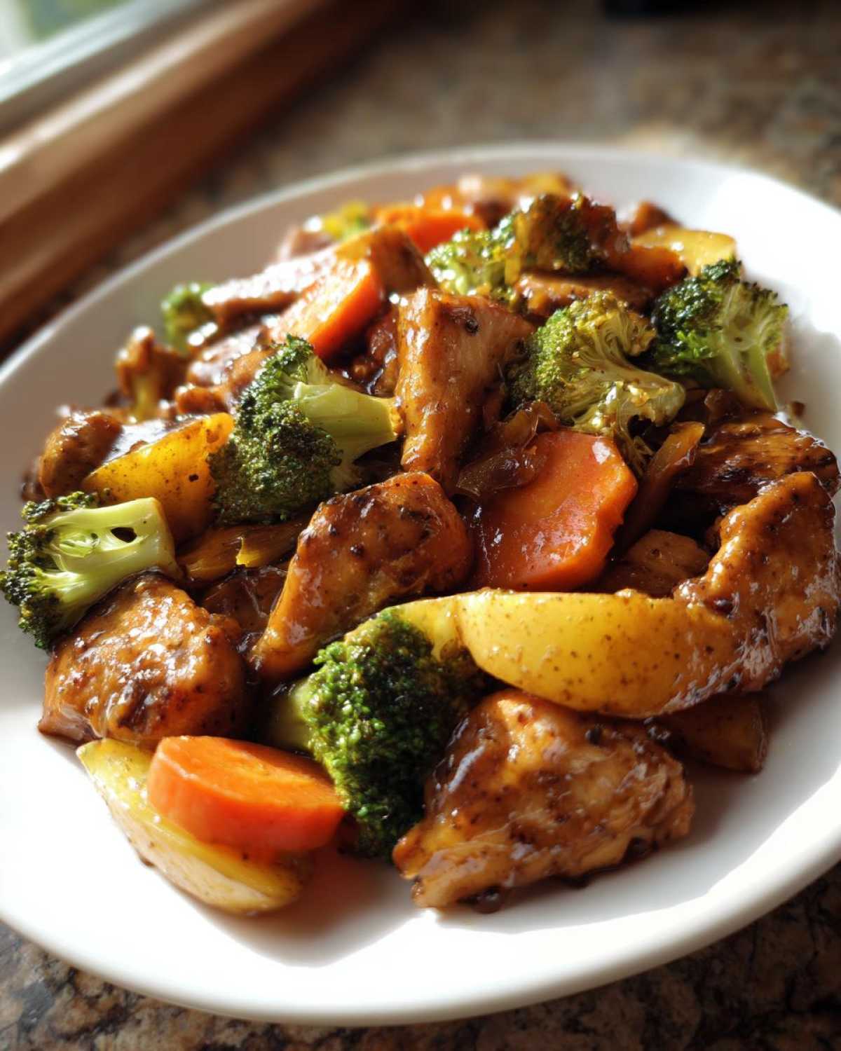 Close-up of Honey Mustard Chicken Bake with broccoli, carrots, and potatoes coated in a savory glaze.