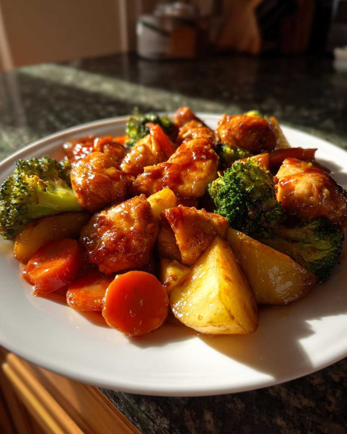 A serving of Honey Mustard Chicken Bake with roasted potatoes, carrots, and broccoli florets on a white plate.