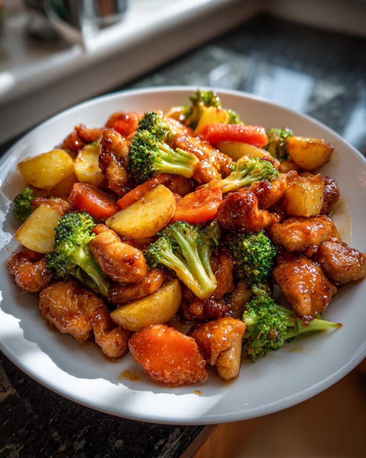 Close-up of Honey Mustard Chicken Bake with roasted potatoes, bright green broccoli florets, and carrots on a white plate.