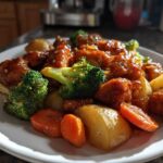 A plate of Honey Mustard Chicken Bake with roasted potatoes, carrots, and bright green broccoli florets.