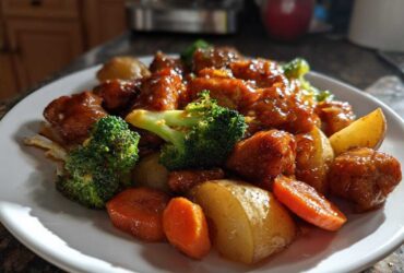 A plate of Honey Mustard Chicken Bake with roasted potatoes, carrots, and bright green broccoli florets.