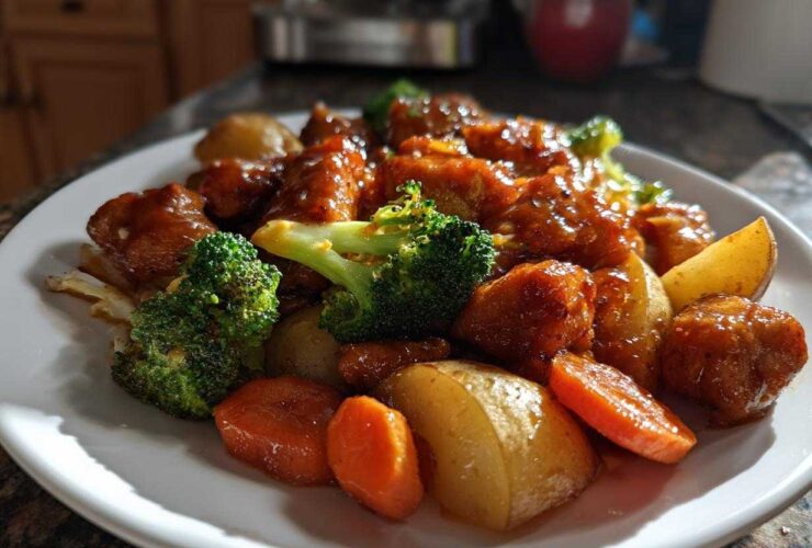 A plate of Honey Mustard Chicken Bake with roasted potatoes, carrots, and bright green broccoli florets.