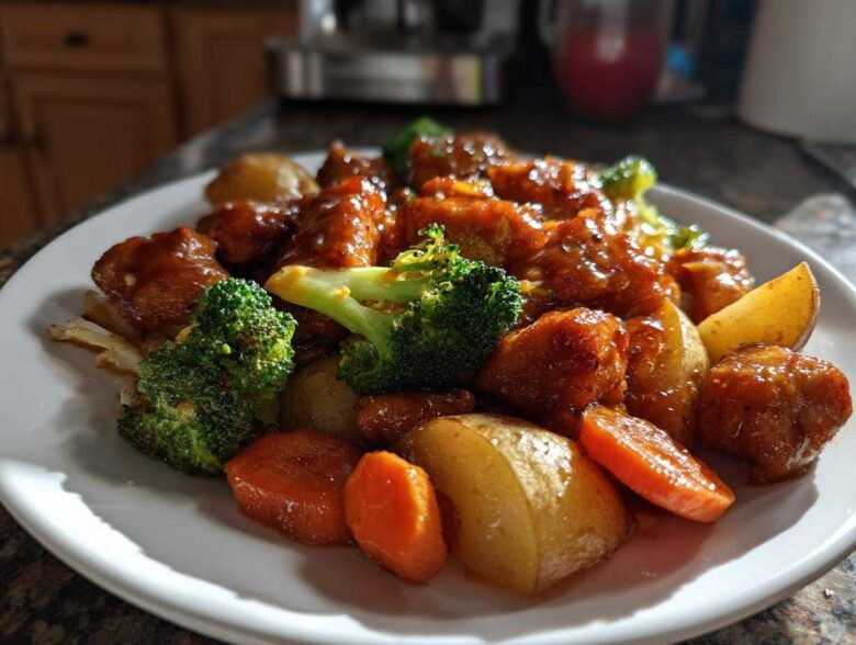 A plate of Honey Mustard Chicken Bake with roasted potatoes, carrots, and bright green broccoli florets.
