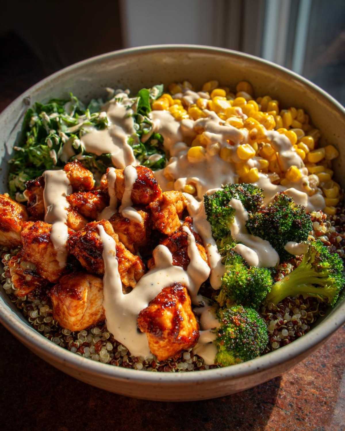 Close-up of a Honey Mustard Chicken Bowl featuring seasoned chicken, broccoli, corn, greens, and a generous drizzle of creamy sauce over quinoa.