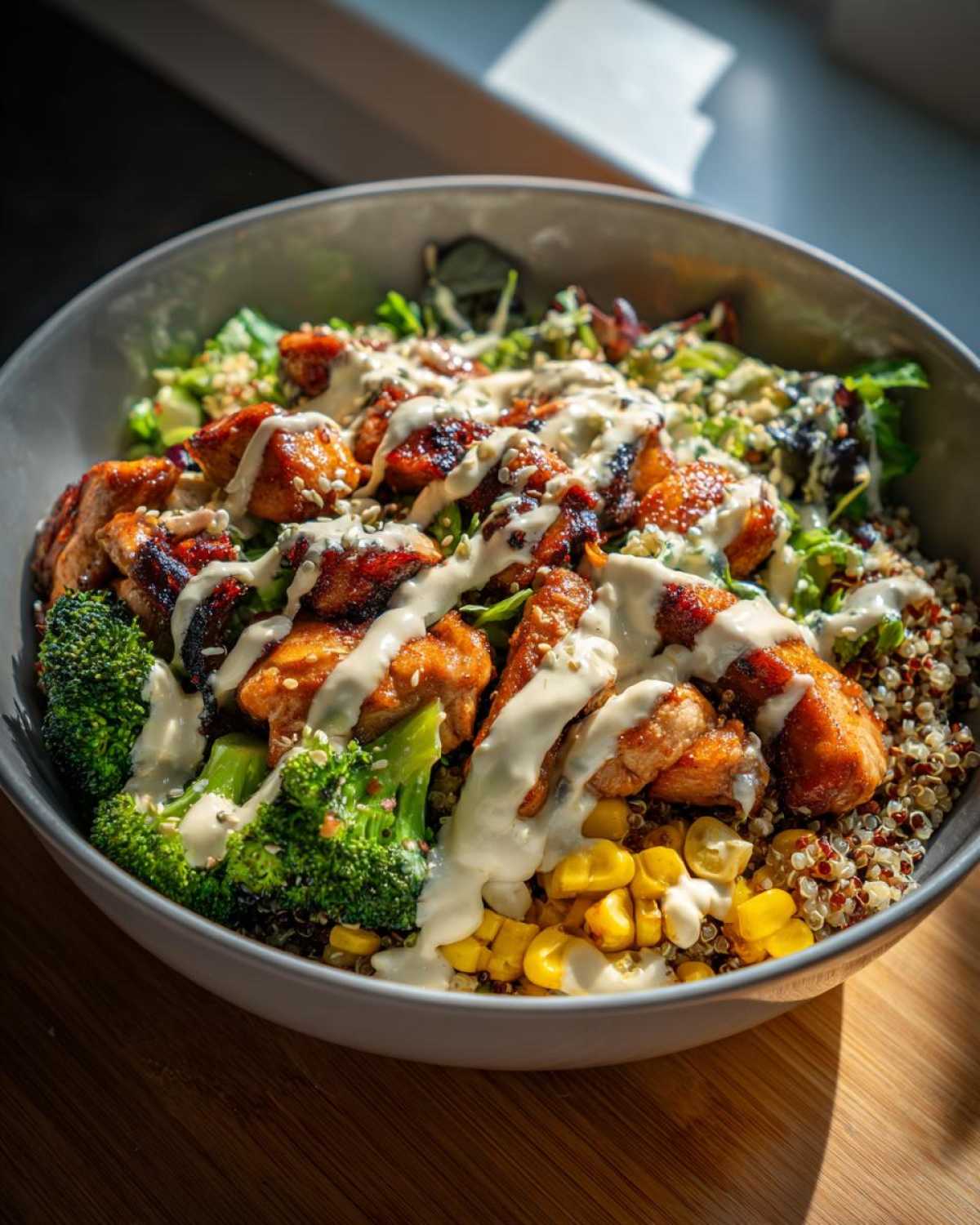 A close-up of a vibrant Honey Mustard Chicken Bowl featuring glazed chicken pieces, broccoli, corn, quinoa, and a generous drizzle of creamy sauce.