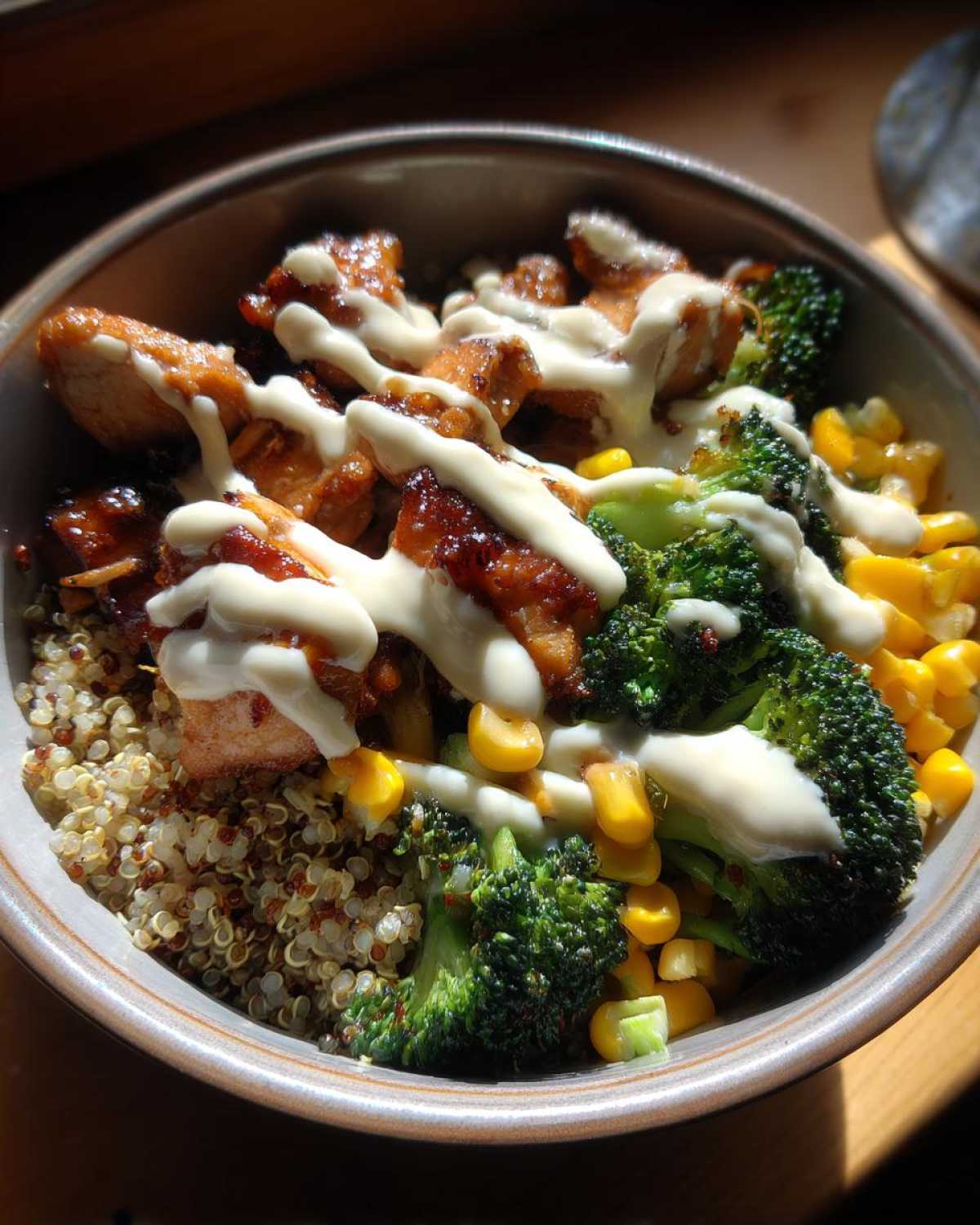Close-up of a Honey Mustard Chicken Bowl featuring glazed chicken pieces, broccoli, corn, quinoa, and a drizzle of creamy sauce.