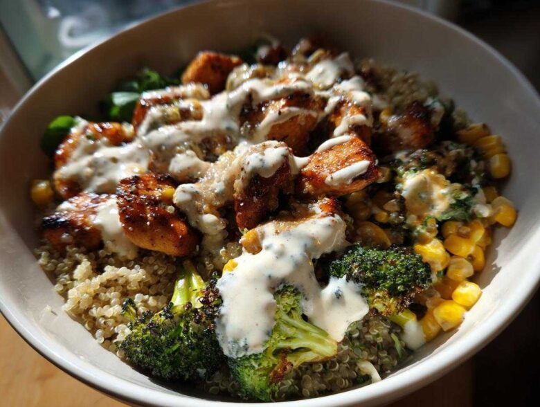 Close-up of a Honey Mustard Chicken Bowl featuring glazed chicken pieces, quinoa, roasted broccoli, corn, and drizzled with creamy sauce.