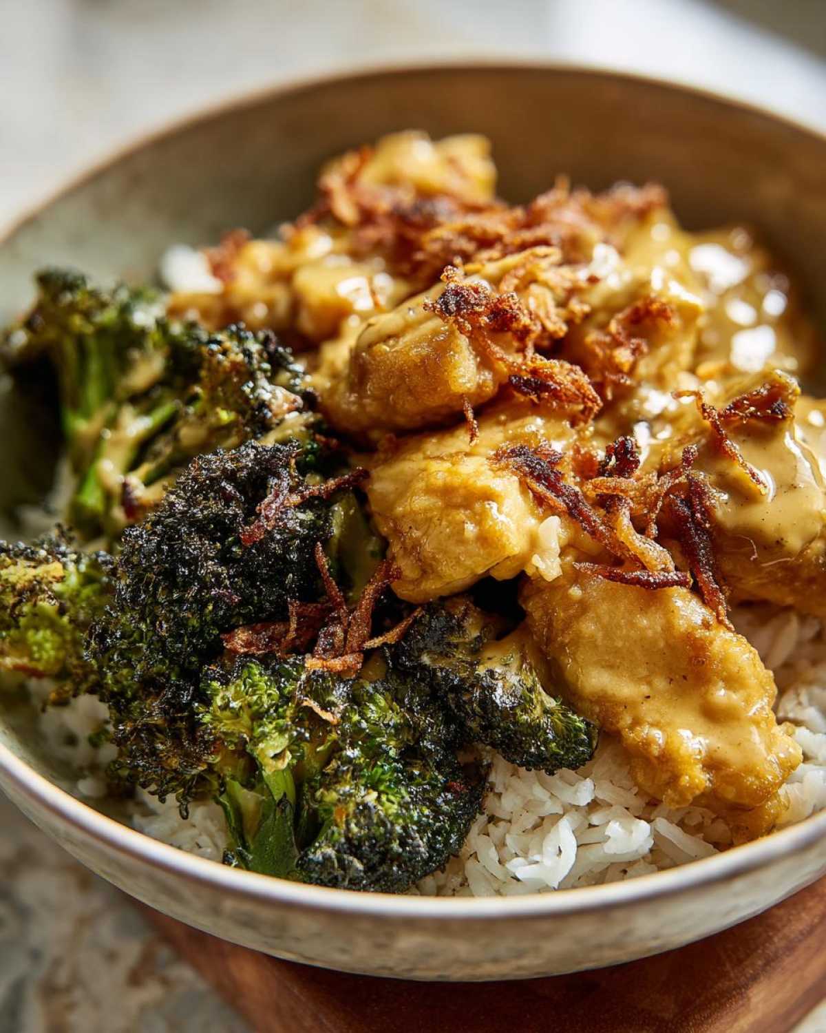Close-up of a Honey Mustard Chicken Bowl with rice, roasted broccoli, and crispy fried onions.