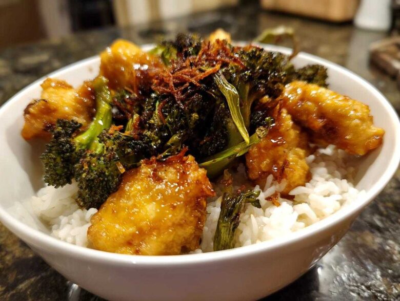 Close-up of a Honey Mustard Chicken Bowl with Rice, topped with crispy broccoli and fried onions.