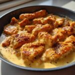 Close-up of seared chicken pieces coated in a rich, creamy Honey Mustard Chicken Skillet with Cream Sauce.