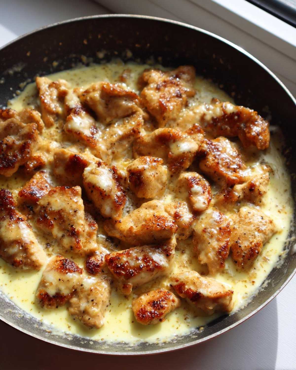 Close-up of seared chicken pieces coated in a creamy, yellow honey mustard sauce in a dark skillet.