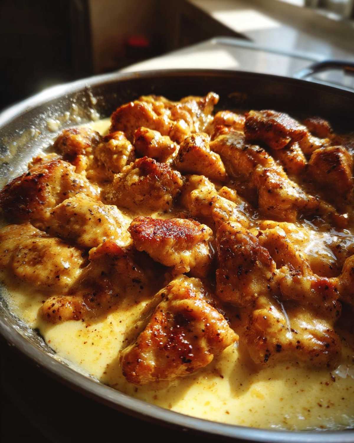 Close-up of seared chicken pieces coated in a rich, creamy sauce in a skillet, highlighting the Honey Mustard Chicken Skillet.